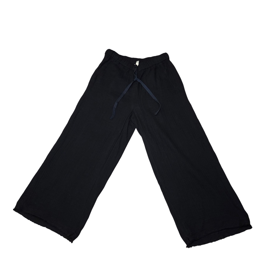 Eileen Fisher Small Black Organic Cotton Gauze Wide Leg Pants Raw Hem Drawstring